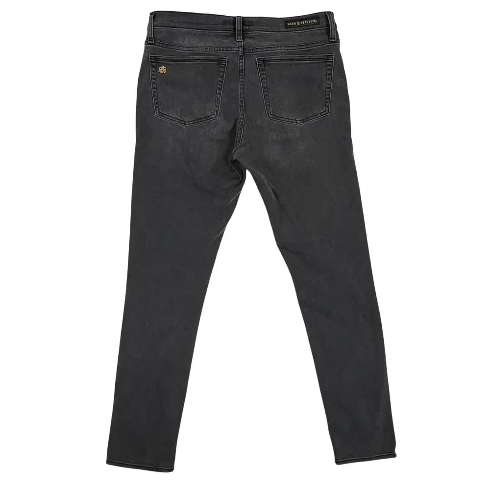 Rock & Republic Berlin Mid Rise Slim Straight Jeans Womens 12M Black Gold Chain - Picture 2 of 12